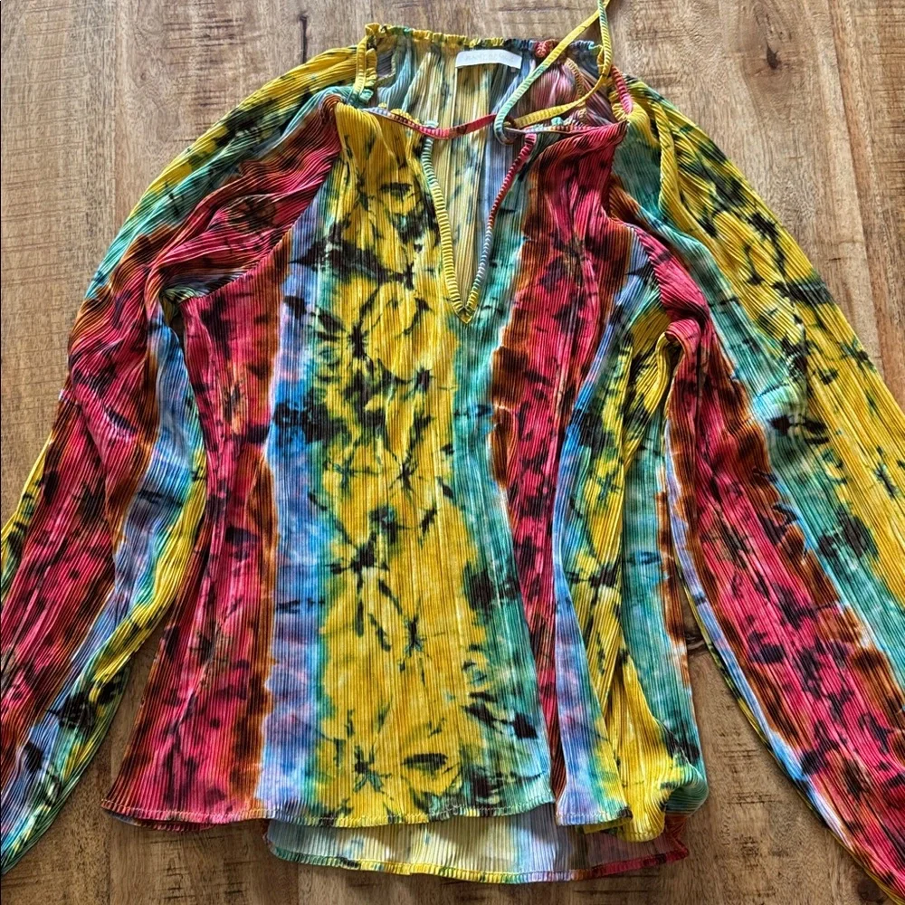 Ramy Brook micro pleated tie dye shirt blouse top pink yellow Bloomingdale’s NWT